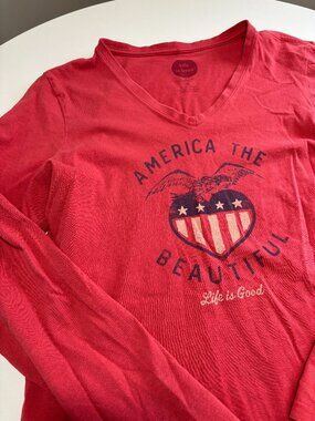 LIFE IS GOOD RED WHITE & BLUE AMERICA THE BEAUTIFUL COTTON LONG SLEEVE V-NECK